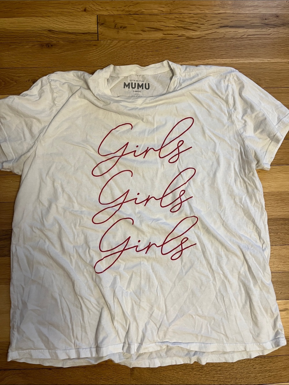 Show Me Your MuMu White Short Sleeve Tee with Red "Girls" Script